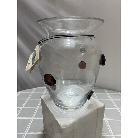 Vtg Blenko Handcrafted Clear Glass Vase 8”h w/Applied Purple Dots Original Tag - Picture 3 of 8